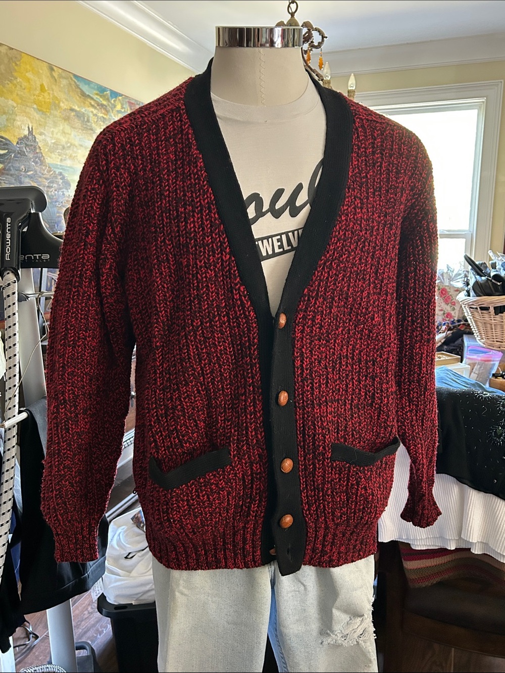 1980’s Izod Sz XL Men's Red Blk Marled Shetland Wool Cardigan